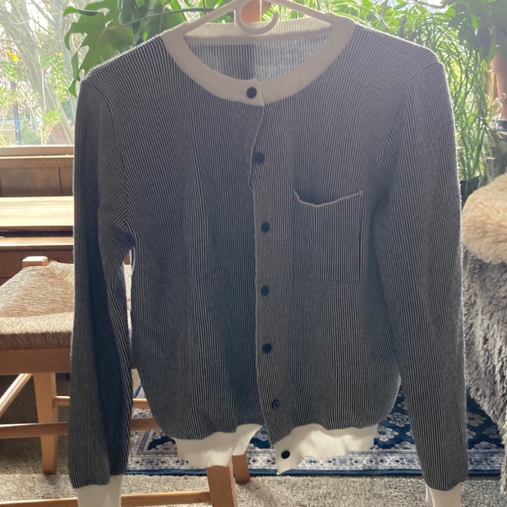 Black and White Cardigan Sweater with Round Neckline